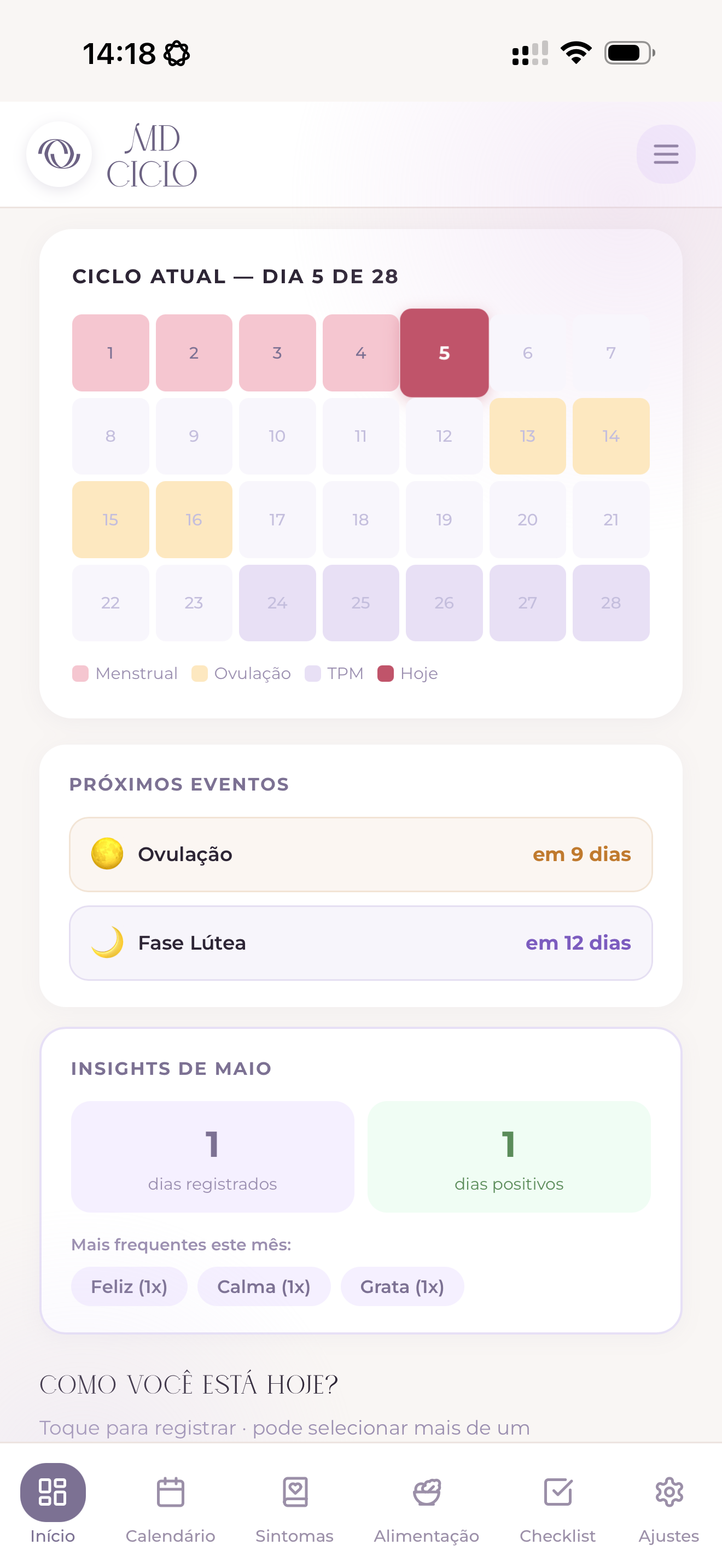 Tela do calendário do MD CICLO